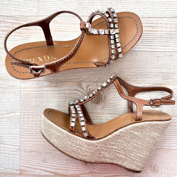 Prada‎ Crystal Embellished Leather T-Strap Platform Wedge | Brown Size 37.5 - Picture 1 of 12